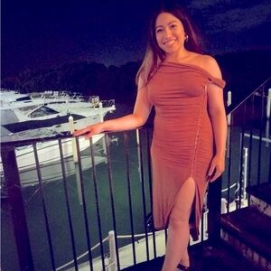 UO exclusive Ruched Side Slit Midi Dress in Brown